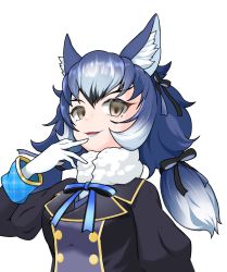 Rule 34 | animal ear fluff, animal ears, dire wolf (kemono friends), gloves, highres, kemono friends, kemono friends v project, necktie, shirt, simple background, skirt, tail, virtual youtuber, white background