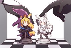 Rule 34 | 2girls, animal ears, arknights, armor, armored boots, black armor, black footwear, black gloves, blemishine (arknights), blonde hair, blush, boots, bow (weapon), breastplate, chess piece, chessboard, chestnut (fgg6551), chibi, ear ornament, gauntlets, gloves, highres, holding, holding bow (weapon), holding weapon, horse ears, horse tail, jacket, long hair, multiple girls, planted, planted sword, planted weapon, platinum (arknights), ponytail, purple gloves, shorts, smile, split mouth, sword, tail, two-tone gloves, v-shaped eyebrows, weapon, white hair, white jacket, white shorts, yellow eyes