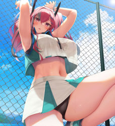 Rule 34 | 1girl, armpits, arms up, azur lane, bare shoulders, black bra, black panties, blue sky, blush, bra, bra visible through clothes, breasts, bremerton (azur lane), bremerton (scorching-hot training) (azur lane), chain-link fence, cleavage, cloud, collared shirt, commentary request, cowboy shot, crop top, crop top overhang, day, fed (giba), fence, from below, green footwear, green skirt, grey hair, hair between eyes, hair intakes, hair ornament, hairclip, highres, large breasts, long hair, looking at viewer, midriff, mole, mole under eye, mountainous horizon, multicolored hair, navel, ocean, official alternate costume, outdoors, panties, parted lips, partial commentary, pink eyes, pink hair, shirt, shoes, sidelocks, skirt, sky, sleeveless, sleeveless shirt, sneakers, solo, sportswear, standing, standing on one leg, streaked hair, sunlight, sweat, tennis uniform, twintails, two-tone hair, two-tone shirt, two-tone skirt, underwear, wet, wet clothes, wet shirt, white shirt, white skirt, x hair ornament