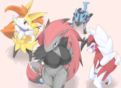 Rule 34 | 4girls, all fours, animal ear fluff, blue eyes, braixen, branch, breasts, commentary request, creatures (company), fox girl, full body, furry, furry female, game freak, gen 4 pokemon, gen 5 pokemon, gen 6 pokemon, gen 7 pokemon, hands on own hips, highres, large breasts, lets0020, long hair, looking at viewer, lucario, lycanroc, multiple girls, nintendo, open mouth, orange eyes, pink eyes, pokemon, pokemon (creature), red eyes, simple background, standing, wolf girl, zoroark
