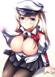 Rule 34 | 10s, 1girl, blonde hair, blue eyes, blush, breasts, breasts out, capelet, fukase ayaka, gloves, graf zeppelin (kancolle), hat, huge breasts, kantai collection, long hair, looking at viewer, nipples, pantyhose, peaked cap, sitting, skirt, smile, solo, twintails, uniform