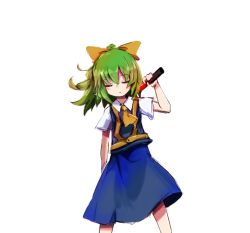 Rule 34 | 1girl, ascot, blue skirt, blue vest, bow, closed eyes, closed mouth, commentary request, cookie (touhou), daiyousei, diyusi (cookie), expressionless, feet out of frame, green hair, hair bow, high-visibility vest, holding, medium hair, ponytail, shirt, short sleeves, simple background, skirt, solo, sparseseethe, touhou, traffic baton, vest, white background, white shirt, yellow ascot, yellow bow