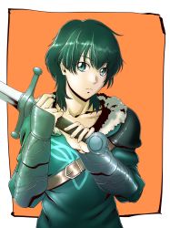 Rule 34 | 1boy, aduti momoyama, aged down, armor, blue cape, blue eyes, byleth (fire emblem), byleth (male) (fire emblem), cape, closed mouth, fire emblem, fire emblem: three houses, fur trim, gloves, green hair, grey background, highres, holding, holding sword, holding weapon, long sleeves, looking at viewer, male focus, nintendo, short hair, shoulder armor, shoulder plates, solo, sword, upper body, weapon