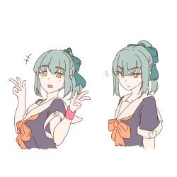 Rule 34 | +++, 1girl, blush, bow, bowtie, buttons, closed mouth, collarbone, commentary request, cropped torso, green bow, green hair, grey hair, hair between eyes, hair bow, hair ornament, highres, kantai collection, long hair, looking at viewer, mikeco, multiple views, orange eyes, orange neckwear, pink scrunchie, ponytail, sailor collar, scrunchie, short sleeves, simple background, smile, white background, white sailor collar, wrist scrunchie, yuubari (kancolle)