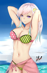 Rule 34 | 1girl, absurdres, airani iofifteen, alternate breast size, aqua hair, armpits, arms up, bare shoulders, bikini, blue sky, breasts, cleavage, collarbone, commentary, crescent, crescent hair ornament, day, dynorz, gradient hair, hair ornament, highres, hololive, hololive indonesia, large breasts, long hair, multicolored hair, navel, ocean, pink hair, see-through, sky, solo, swimsuit, two-tone hair, virtual youtuber