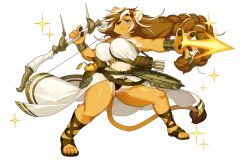 Rule 34 | 1girl, apple, arrow (projectile), blue eyes, bow (weapon), bracelet, braid, breasts, brown hair, food, fruit, full body, fullbokko heroes, furry, furry female, jewelry, kishibe, large breasts, long hair, multicolored hair, quiver, sandals, single braid, solo, tail, transparent background, two-tone hair, very long hair, weapon, white hair