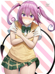 Rule 34 | 1girl, angry, beige vest, black ribbon, blush, bow, bowtie, breasts, clenched teeth, clothes lift, covering privates, covering breasts, cowboy shot, crossed arms, demon tail, green bow, green bowtie, green skirt, hair between eyes, hair ribbon, hands up, highres, leaning forward, long hair, looking at viewer, medium hair, miniskirt, nana asta deviluke, oekakizuki, panties, pantyshot, plaid, plaid skirt, pleated skirt, ribbon, school uniform, shirt, signature, skirt, skirt lift, small breasts, solo, standing, striped, striped background, tail, teeth, thighs, to love-ru, to love-ru darkness, twintails, underwear, white panties, white shirt