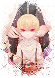 Rule 34 | 2boys, bad id, bad pixiv id, bib, blonde hair, child, cross, cross necklace, dessert, fate/stay night, fate (series), food, gilgamesh (fate), ice cream, jewelry, kotomine kirei, kuro (cream), male focus, multiple boys, necklace, old-rose444, red eyes, aged down