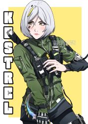 Rule 34 | artist name, brown eyes, call of duty, call of duty: mobile, character name, facial mark, gloves, green jacket, highres, holding, holding knife, jacket, karambit, kestrel (call of duty: mobile), knife, oyenpaws, short hair, tagme, two-tone background, white hair