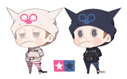 Rule 34 | 2boys, :3, animal ear headwear, animal ears, beanie, belt, belt buckle, black belt, black footwear, black headwear, black jacket, black pants, blue pants, blush stickers, brown hair, buckle, buttons, cat ears, chain, chibi, cigarette, clone, closed mouth, collared jacket, commentary request, cuffs, danganronpa (series), danganronpa v3: killing harmony, fake animal ears, grey eyes, half-closed eyes, hands in pockets, hat, holding, holding cigarette, hoshi ryoma, jacket, kogarashi 8, leather, leather jacket, looking ahead, male focus, mouth hold, multiple boys, palette swap, pants, partial commentary, pink pants, prison clothes, shackles, shoes, short hair, simple background, smile, star (symbol), striped clothes, striped pants, studded belt, two-tone pants, very short hair, white background, white belt, white footwear, white headwear, white jacket, white pants, zipper, zipper pull tab