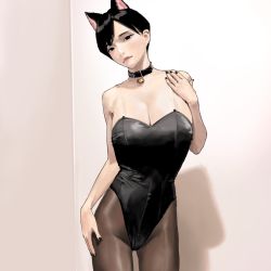 Rule 34 | 1girl, absurdres, animal ears, bad id, bad pixiv id, bare shoulders, bell, black hair, black leotard, black nails, breasts, brown pantyhose, cat ears, cleavage, cowboy shot, hand up, highres, hiramedousa, kittysuit, large breasts, leotard, nail polish, neck bell, nontraditional playboy bunny, original, pantyhose, shadow, short hair, solo