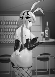 Rule 34 | 1girl, animal ears, ass, bar (place), bare shoulders, blunt bangs, bottle, butterfly hair ornament, commentary request, cup, drinking glass, elbow gloves, fake animal ears, fake tail, fishnet thighhighs, fishnets, gloves, go-toubun no hanayome, greyscale, hair ornament, hair ribbon, highres, holding, holding tray, kosmos beta, leotard, long hair, looking at viewer, monochrome, nakano nino, paid reward available, playboy bunny, rabbit ears, rabbit tail, ribbon, solo, standing, strapless, strapless leotard, tail, thighhighs, tray, two side up, wine bottle, wine glass