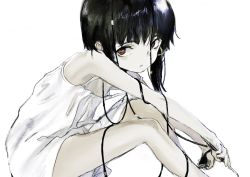 Rule 34 | 1girl, asymmetrical hair, brown eyes, brown hair, cable, commentary, dress, hair ornament, hairclip, highres, iwakura lain, looking at viewer, luv, serial experiments lain, short hair, simple background, sitting, sleeveless, solo, white background, white dress, x hair ornament