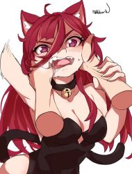 Rule 34 | 1girl, ahoge, animal ears, bell, bidortw, black collar, black dress, blush, breasts, cat ears, cat girl, cat tail, chinese commentary, cleavage, clothing cutout, collar, commentary request, cygnus (jishenkong jihua), disembodied limb, dress, highres, jishenkong jihua, kemonomimi mode, large breasts, medium breasts, multicolored hair, neck bell, red eyes, red hair, saliva, side slit, solo, strapless, strapless dress, streaked hair, tail, twitter username, two-tone hair, v-shaped eyebrows, virtual youtuber