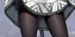 Rule 34 | 1girl, an penguin, arknights, black pantyhose, blue background, coat, kjera (arknights), lower body, pantyhose, poncho, pussy juice, simple background, solo, tail, thigh focus, thighs, white coat