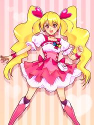 Rule 34 | 00s, 1girl, blonde hair, boots, bow, choker, collaboration, corset, cure peach, earrings, fresh precure!, full body, hair ornament, heart, heart hair ornament, highres, jewelry, knee boots, long hair, magical girl, momozono love, nsxnewver, pink background, pink eyes, pink footwear, pink skirt, precure, ribbon, skirt, smile, solo, striped, striped background, twintails, vertical stripes, way (manjonme), wrist cuffs