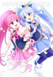 Rule 34 | 10s, 2girls, :d, aino megumi, blue eyes, blue hair, blue skirt, blue thighhighs, boots, bow, brooch, copyright name, cure lovely, cure princess, earrings, eyebrows, eyelashes, hair ornament, happinesscharge precure!, happy, heart, heart brooch, high heels, highres, jewelry, long hair, looking at another, magical girl, miyamakoume, multiple girls, open mouth, pink bow, pink eyes, pink hair, pink skirt, ponytail, precure, puffy sleeves, ribbon, shirayuki hime, shirt, skirt, smile, thigh boots, thighhighs, twintails, wide ponytail, wrist cuffs, zettai ryouiki