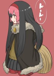Rule 34 | 1girl, :d, alternate hairstyle, bird tail, black hair, blush, brown hair, brown sweater, commentary request, dodo (kemono friends), empty eyes, from side, fur collar, fur trim, grey skirt, hair between eyes, hair ornament, hairband, hood, hood down, kemono friends, long hair, multicolored hair, notora, open mouth, pantyhose, pink background, pink hair, pink pantyhose, pleated skirt, poncho, shirt, short hair, skirt, smile, solo, sweater, tail, translation request, yellow eyes