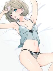 Rule 34 | 1girl, absurdres, aqua panties, arm up, armpits, blue camisole, blue eyes, blush, breasts, camisole, cleavage, commentary request, grey hair, highres, looking at viewer, love live!, love live! superstar!!, lying, medium breasts, midriff, navel, on back, on bed, one eye closed, open mouth, panties, pink hair, short hair, sketch, solo, stomach, tang keke, thighs, ukitaryu, underwear