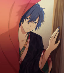 Rule 34 | 1boy, akiyoshi (tama-pete), blue eyes, blue hair, blurry, curtains, depth of field, fingernails, hair between eyes, half-closed eyes, japanese clothes, kaito (vocaloid), looking at viewer, male focus, short hair, solo, vocaloid