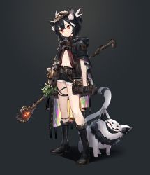 Rule 34 | 1girl, absurdres, animal ear fluff, animal ears, belt, black footwear, black gloves, black hair, black shorts, boots, breasts, brown belt, cat, cat ears, closed mouth, dungeons &amp; dragons, fang, fang out, gloves, grey background, half gloves, highres, holding, holding staff, looking at viewer, medium hair, midriff, multicolored hair, navel, neonbeat, nia ebonheart, ponytail, pouch, red eyes, short shorts, shorts, skin fang, skull on head, small breasts, smile, solo, staff, standing, streaked hair, thigh strap, underboob