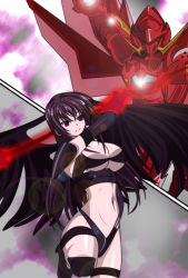 Rule 34 | 1boy, 1girl, armor, armored boots, black hair, blush, boots, breasts, brown hair, claws, cleavage, energy wings, gauntlets, high school dxd, highres, hyoudou issei, large breasts, long hair, midriff, navel, purple eyes, raynare, red armor, revealing clothes, shoulder armor, shoulder pads, smile, tail, thighhighs, underboob, underwear, wings, yxyyxy
