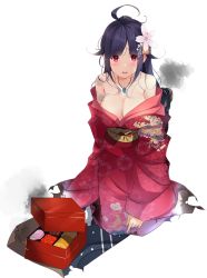 Rule 34 | 1girl, ahoge, breasts, cleavage, flower, food, full body, hair flaps, hair flower, hair ornament, japanese clothes, kantai collection, kimono, kujou ichiso, large breasts, long hair, long sleeves, magatama, bento, obi, official art, pink flower, purple hair, red eyes, red kimono, ryuuhou (kancolle), sash, solo, taigei (kancolle), transparent background, wide sleeves