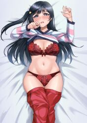 Rule 34 | 1girl, black hair, blush, bra, breasts, cleavage, commentary request, grey eyes, hair ornament, large breasts, long hair, looking at viewer, love live!, love live! nijigasaki high school idol club, lying, momo mochi (favk5328), on back, on bed, one side up, pajamas, pajamas pull, panties, partially undressed, red bra, red panties, sidelocks, solo, underwear, yuki setsuna (love live!)