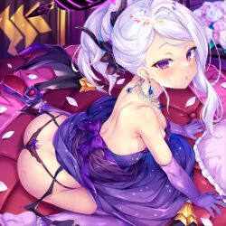 Rule 34 | 1girl, ass, asymmetrical hair, backless dress, backless outfit, bare shoulders, black panties, blue archive, blush, bow, bow panties, breasts, butt crack, commentary request, demon girl, demon horns, demon wings, dress, earrings, elbow gloves, gloves, halo, highres, hina (blue archive), hina (dress) (blue archive), horns, jewelry, looking at viewer, necklace, official alternate costume, paid reward available, panties, parted lips, purple dress, purple eyes, purple gloves, purple halo, shoe soles, shoes, single shoe, sitting, small breasts, soles, solo, strapless, strapless dress, toraishi 666, underwear, variant set, wariza, white hair, wings