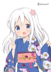 Rule 34 | 1girl, :d, absurdres, blue eyes, blue kimono, blush, chutney, floral print, flower, hair flower, hair ornament, hand up, highres, japanese clothes, kantai collection, kimono, long hair, long sleeves, looking at viewer, obi, open mouth, pinching sleeves, print kimono, ro-500 (kancolle), sash, simple background, smile, solo, twitter username, upper body, v, white background, white hair, wide sleeves
