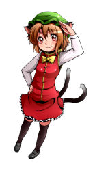 Rule 34 | 1girl, animal ears, bad id, bad pixiv id, black thighhighs, bow, brown hair, cat ears, cat girl, cat tail, chen, earrings, female focus, hat, jewelry, long sleeves, maita, multiple tails, red eyes, salute, short hair, smile, solo, standing, tail, thighhighs, touhou, white background