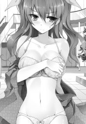 Rule 34 | 1girl, bow, bra, breasts, cleavage, closed mouth, collarbone, covering privates, covering breasts, curly hair, embarrassed, floating hair, floral print, greyscale, groin, hair between eyes, hair bow, highres, indoors, large breasts, long hair, looking at viewer, monochrome, navel, novel illustration, official art, panties, print bra, rakudai kishi no cavalry, shiny skin, solo, standing, stella vermillion, sweatdrop, twintails, underwear, underwear only, won (az hybrid)