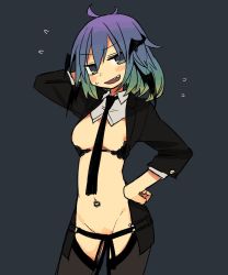 Rule 34 | 1girl, areola slip, blue hair, blush, bra, breast cutout, breasts, breasts apart, cropped jacket, crotchless, detached collar, female focus, formal, gradient hair, highres, looking at viewer, medium breasts, multicolored hair, navel piercing, necktie, ootorii bisetsu, open clothes, open mouth, piercing, revealing clothes, smile, solo, standing, suit, underwear