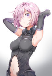 Rule 34 | 1girl, armor, armpits, arms up, black gloves, breasts, breasts apart, clothing cutout, elbow gloves, fate/grand order, fate (series), faulds, from side, gloves, gradient background, grey background, hair over one eye, highres, leotard, looking at viewer, mash kyrielight, medium breasts, navel, navel cutout, pink hair, purple eyes, short hair, sideboob, skin tight, solo, standing, stomach, sunhyun, white background