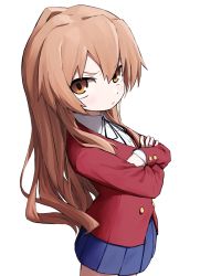 Rule 34 | 1girl, aisaka taiga, annoyed, black ribbon, blazer, blue skirt, brown eyes, brown hair, buttoned cuffs, buttons, closed mouth, collared shirt, commentary request, crossed arms, dress shirt, highres, jacket, light blush, long hair, long sleeves, looking at viewer, miniskirt, neck ribbon, oohashi high school uniform, pleated skirt, red jacket, ribbon, school uniform, shirt, simple background, skirt, solo, standing, toradora!, very long hair, white background, white shirt, yachima tana