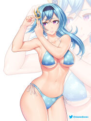 Rule 34 | 1girl, bare arms, bare shoulders, bikini, blue bikini, blue hair, blue hairband, commentary, cowboy shot, etchimune, eula (genshin impact), genshin impact, grin, hair ornament, hairband, hands up, long hair, looking to the side, navel, pink lips, purple eyes, side-tie bikini bottom, smile, snowflake print, solo, standing, stomach, swimsuit, thighs, zoom layer