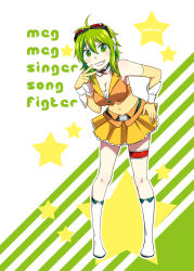 Rule 34 | 1girl, ahoge, artist name, bare shoulders, boots, caffein, detached collar, goggles, goggles on head, green eyes, green hair, grin, gumi, hand on own hip, highres, looking at viewer, matching hair/eyes, navel, short hair, skirt, smile, solo, star (symbol), vocaloid