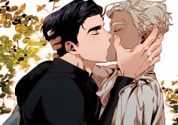 Rule 34 | 2boys, bad id, bad pixiv id, black hair, black shirt, closed eyes, commentary request, dark-skinned male, dark skin, from side, grey hair, hand on another&#039;s face, hand on another&#039;s head, kiss, leaf, long sleeves, mare yajin, multiple boys, original, shirt, short hair, upper body, very short hair, yaoi