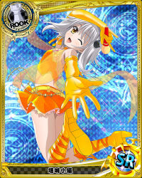 Rule 34 | 10s, 1girl, card (medium), cat hair ornament, character name, chess piece, elbow gloves, gloves, hair ornament, high school dxd, holding, idol, looking at viewer, microphone, official art, one eye closed, open mouth, orange gloves, rook (chess), see-through, silver hair, smile, solo, toujou koneko, trading card, yellow eyes