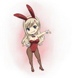 Rule 34 | 1girl, animal costume, animal ears, black pantyhose, blonde hair, blue eyes, breasts, chibi, covered navel, detached collar, dotted background, eden&#039;s zero, hair between eyes, hand on own hip, high heels, highleg, highleg leotard, highres, large breasts, leotard, long hair, mashima hiro, official art, pantyhose, playboy bunny, presenting, rabbit ears, rebecca bluegarden, red background, red footwear, smile, white background, wrist cuffs