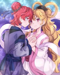 Rule 34 | 2girls, alternate hairstyle, eye contact, from side, hair bun, hair rings, hecatia lapislazuli, highres, junko (touhou), looking at another, multiple girls, neold, pink eyes, profile, red hair, short hair, sky, star (sky), starry sky, touhou, yuri