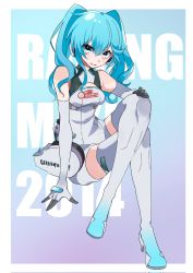Rule 34 | 1girl, blue background, blue eyes, blue hair, character name, cleavage cutout, clothing cutout, copyright name, crossed legs, dated commentary, elbow gloves, english text, flame print, gloves, goodsmile racing, gradient background, gradient footwear, grin, hair between eyes, hatsune miku, high heels, highres, invisible chair, kusunokimizuha, long hair, looking at viewer, parted lips, purple background, race queen, racing miku, racing miku (2014), sitting, smile, smiley face, solo, text print, twintails, vocaloid, wavy hair, white footwear, white gloves