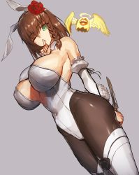 Rule 34 | 1girl, animal ears, braid, breasts, brown hair, charlotte corday (fate), detached collar, detached sleeves, fake animal ears, fate/grand order, fate (series), finger to mouth, flower, green eyes, hair flower, hair ornament, huge breasts, knife, leotard, melon22, one eye closed, pantyhose, playboy bunny, rabbit ears, rabbit tail, shushing, solo, tail, thighhighs