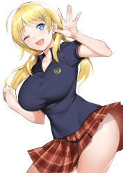 Rule 34 | 1girl, ahoge, blonde hair, blue eyes, blue shirt, blush, breasts, collarbone, cowboy shot, hachimiya meguru, hair ornament, hairclip, hip focus, idolmaster, idolmaster shiny colors, large breasts, long hair, looking at viewer, low twintails, one eye closed, open mouth, plaid, plaid skirt, pleated skirt, polo shirt, red skirt, school uniform, shirt, short sleeves, simple background, skirt, smile, solo, thighs, tomohiro kai, twintails, waving, white background