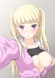 Rule 34 | 1girl, bad id, bad twitter id, blonde hair, blunt bangs, blush, breast slip, breasts, breasts out, collarbone, jacket, kichihachi, long hair, looking at viewer, nipples, no bra, one breast out, open mouth, reaching, reaching towards viewer, red eyes, selfie, solo, sweat, tokyo 7th sisters, twintails, two side up, uesugi u. kyouko, unzipped