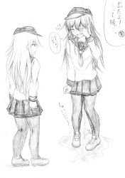 Rule 34 | 2girls, akatsuki (kancolle), blush, crying, embarrassed, closed eyes, female focus, from behind, full body, greyscale, hand on own face, hand up, hat, hibiki (kancolle), highres, kantai collection, long hair, long sleeves, monochrome, multiple girls, nabuki32, neckerchief, open mouth, pantyhose, peeing, peeing self, pigeon-toed, pleated skirt, puddle, sailor collar, school uniform, serafuku, shirt, shoes, simple background, skirt, speech bubble, standing, sweat, talking, tears, text focus, traditional media, translation request, trembling, uniform, wet, wet clothes, white background