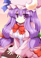Rule 34 | 1girl, :&lt;, book, bow, breasts, crescent moon, female focus, gradient background, hair ribbon, hat, large breasts, long hair, moon, patchouli knowledge, purple eyes, purple hair, ribbon, shirogane (platinum), solo, touhou