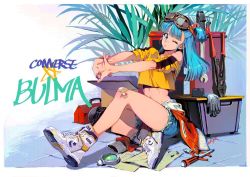 Rule 34 | 1girl, blue hair, bulma, character name, chkuyomi, clothes around waist, converse, dragon ball, full body, gloves, goggles, interlocked fingers, jacket, jacket around waist, knee pads, long hair, midriff, one eye closed, shoes, shorts, sitting, sneakers, solo, toned, unworn gloves