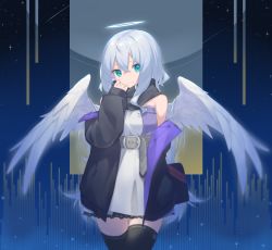 Rule 34 | 1girl, bare shoulders, belt, belt buckle, black jacket, black thighhighs, breasts, buckle, closed mouth, dress, eyebrows hidden by hair, feathered wings, fhang, green eyes, grey belt, grey hair, hair between eyes, halo, hand up, jacket, long hair, off shoulder, open clothes, open jacket, original, small breasts, smile, solo, thighhighs, white dress, white wings, wings
