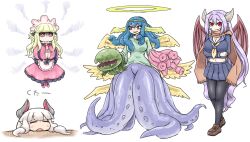 Rule 34 | 4girls, = =, absurdly long hair, alma elma, angel, angel wings, apron, archangel ranael (mon-musu quest!), ascot, black horns, black pantyhose, blonde hair, blue hair, blue serafuku, blue shirt, blue skirt, blunt bangs, blush stickers, breasts, brown footwear, brown scarf, chimera, cleavage, commentary request, demon girl, demon wings, doll, dress, drooling, gloom (expression), gothic lolita, green hairband, green shirt, hair between eyes, hairband, halo, head on table, head rest, highres, horns, huge breasts, large breasts, lolita fashion, long hair, long sleeves, maid headdress, midriff, mon-musu quest!, mon-musu quest: paradox, monster girl, multiple girls, multiple wings, necktie, no mouth, official alternate costume, open mouth, oppai loli, paianne (mon-musu quest!), pantyhose, parted lips, pink dress, pink eyes, pink footwear, pink necktie, plant, pleated skirt, pointy ears, purple hair, red eyes, rumi (mon-musu quest!), scarf, school uniform, scylla, serafuku, shirosato, shirt, shoes, skirt, slit pupils, smile, snake hair, spoilers, tentacle arm, tentacles, translation request, uwabaki, venus flytrap, very long hair, waist apron, white background, white hair, white horns, wings, yellow ascot
